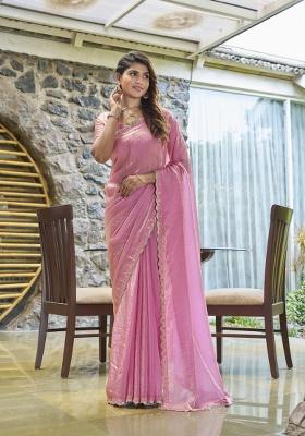 Pink Heavy Hand Work Zircon Silk Saree Set