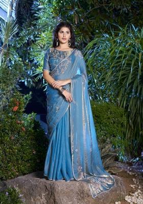 Blue Heavy Hand Work Zircon Silk Blend Saree Set