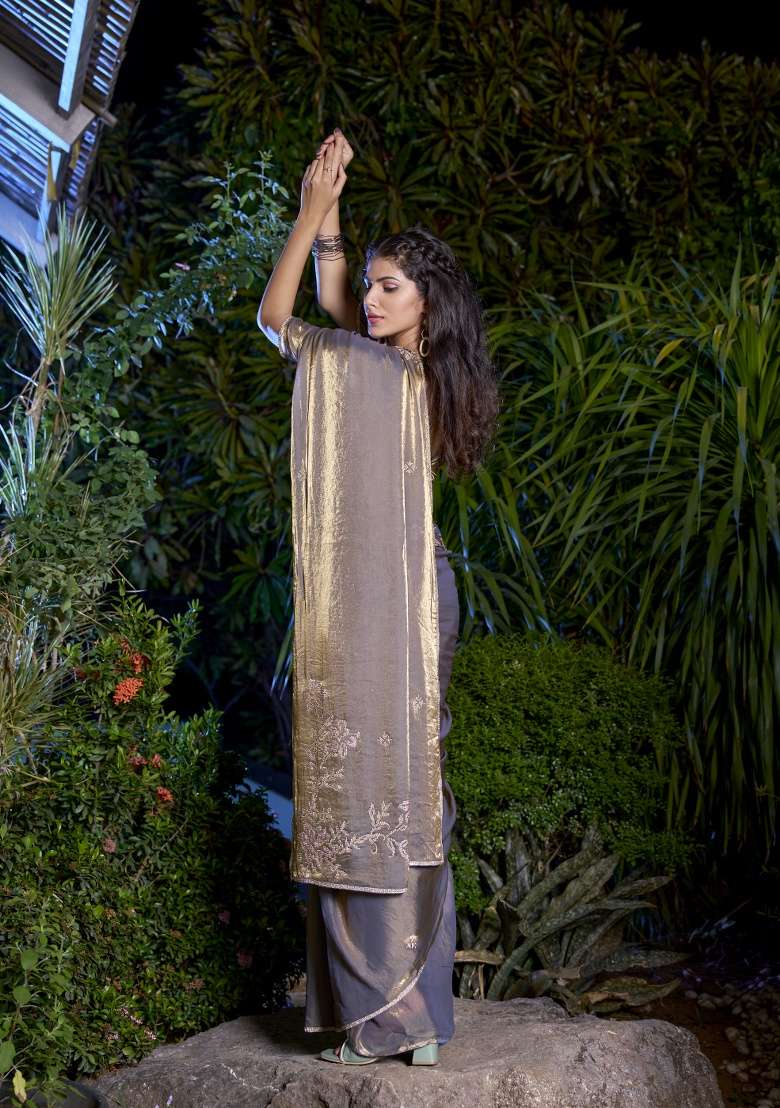 Grey Heavy Hand Work Zircon Silk Blend Saree Set - Indya