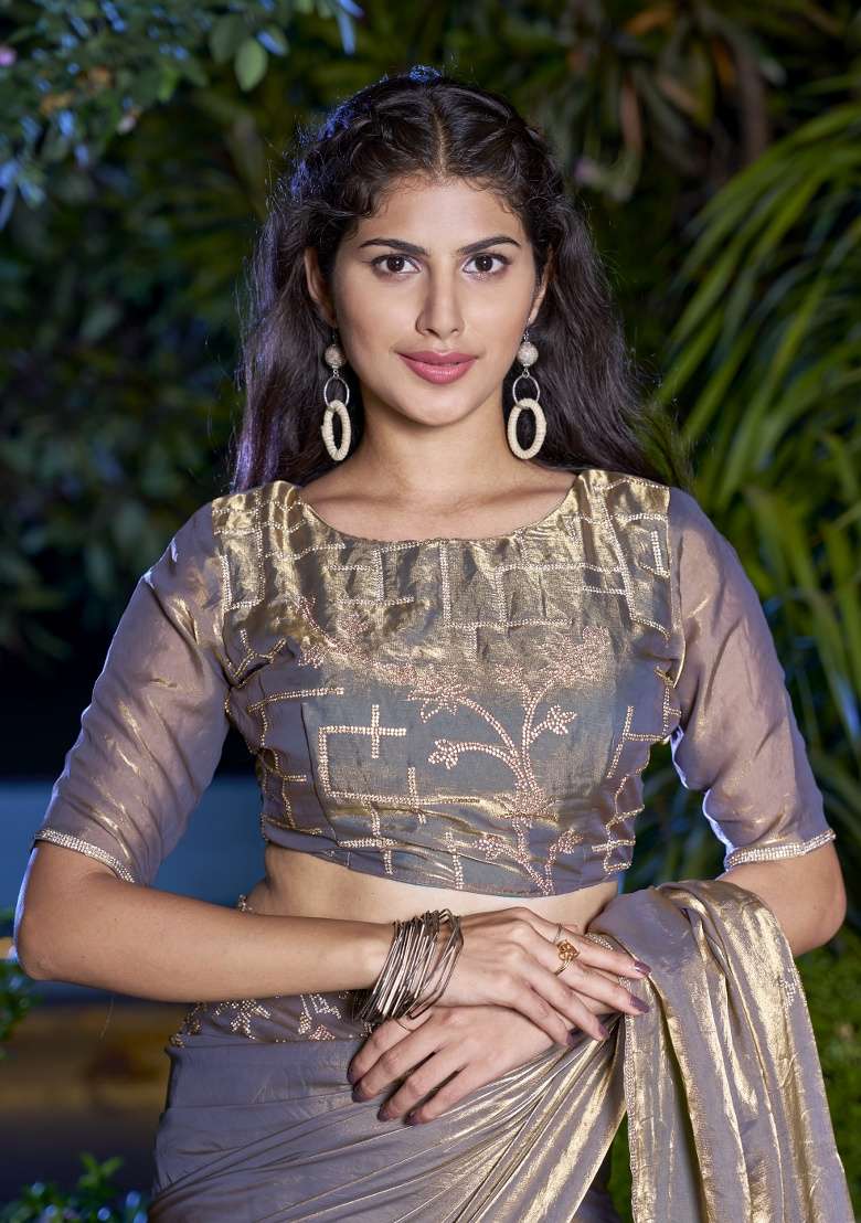 Grey Heavy Hand Work Zircon Silk Blend Saree Set - Indya