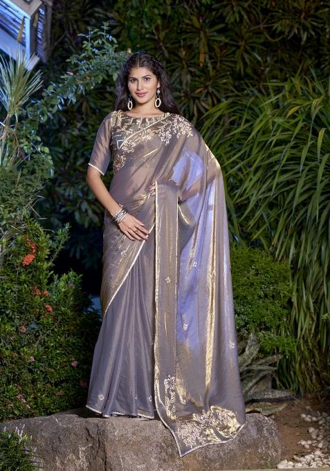 Grey Heavy Hand Work Zircon Silk Saree Set