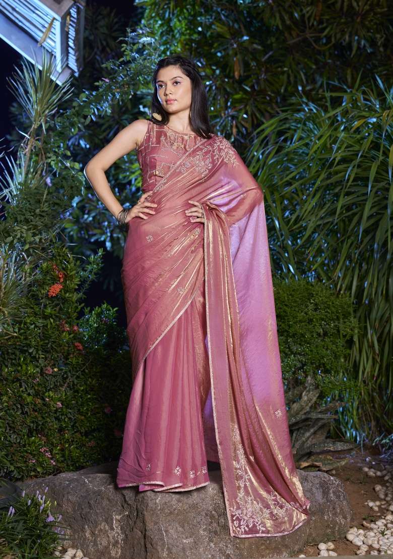 Gajari Heavy Hand Work Zircon Silk Blend Saree Set - Indya
