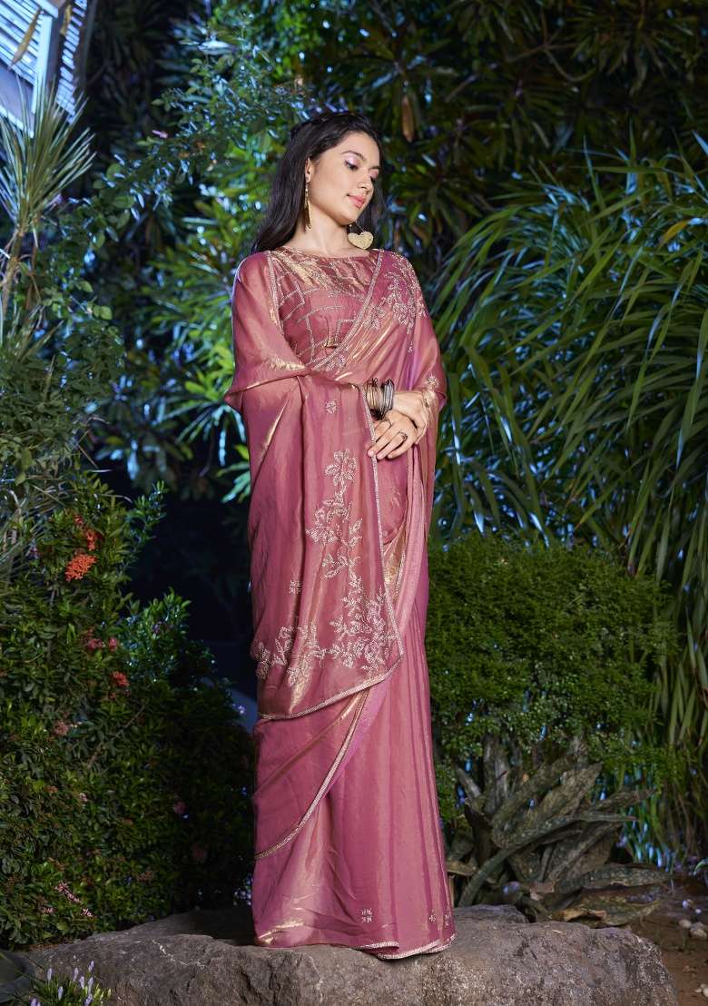 Gajari Heavy Hand Work Zircon Silk Blend Saree Set - Indya