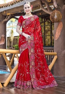 Red Embrodery Wor Silk Saree Set