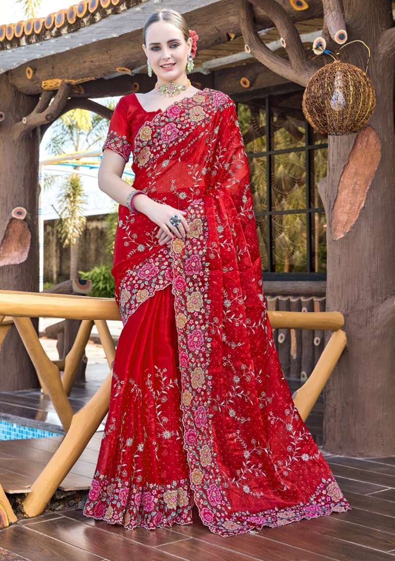 Red Embrodery Wor Silk Blend Saree Set for Diwali and Festive Wear - Indya
