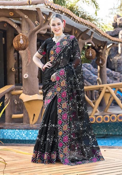 Black Embrodery Wor Silk Saree Set