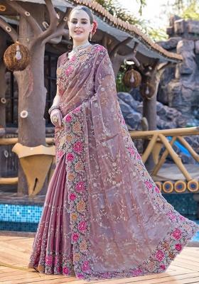 Lavender Embrodery Wor Silk Saree Set