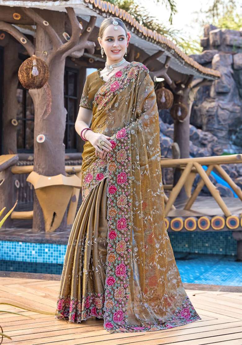 Gold Embrodery Wor Silk Blend Saree Set for Diwali and Festive Wear - Indya
