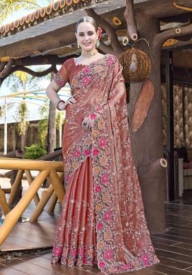 Peach Embrodery Wor Silk Saree Set