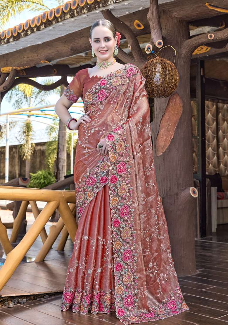 Peach Embrodery Wor Silk Blend Saree Set for Diwali | Wedding & Festive Wear - Indya