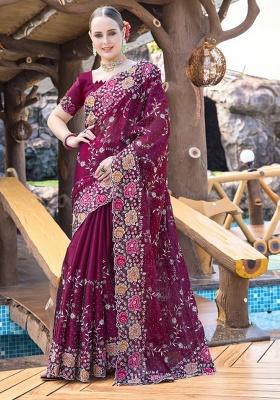 Wine Embrodery Wor Silk Saree Set