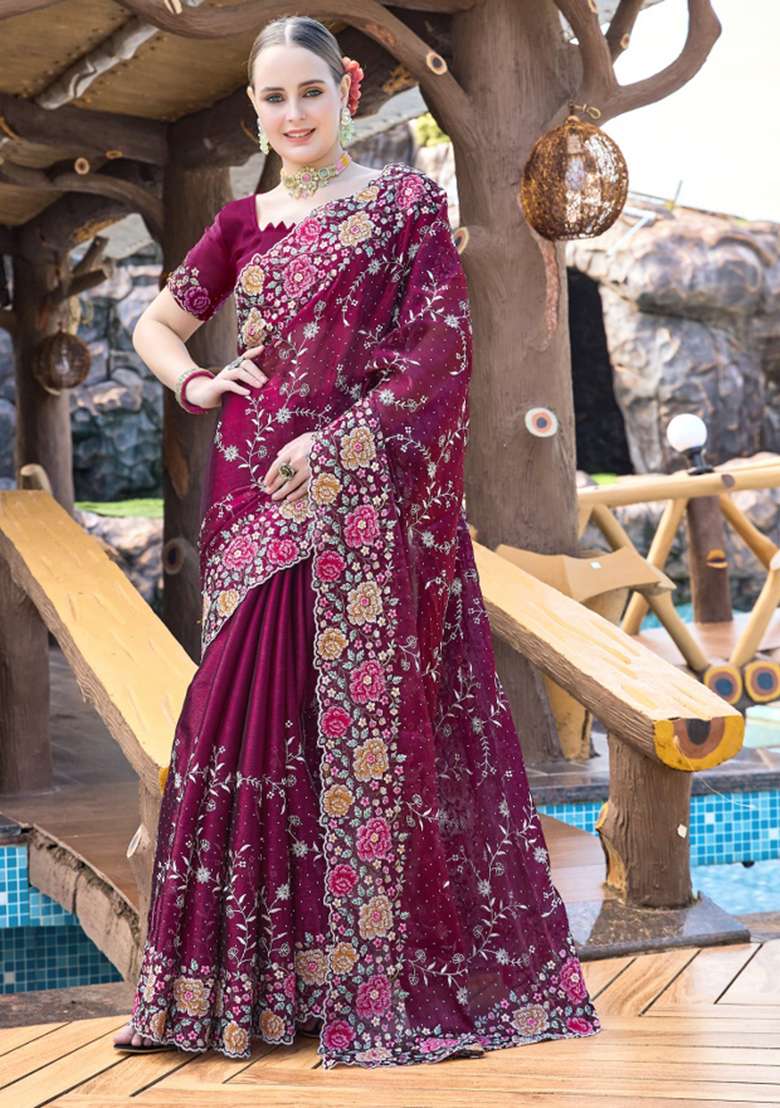 Wine Embrodery Wor Silk Blend Saree Set for Diwali | Wedding & Festive Wear - Indya