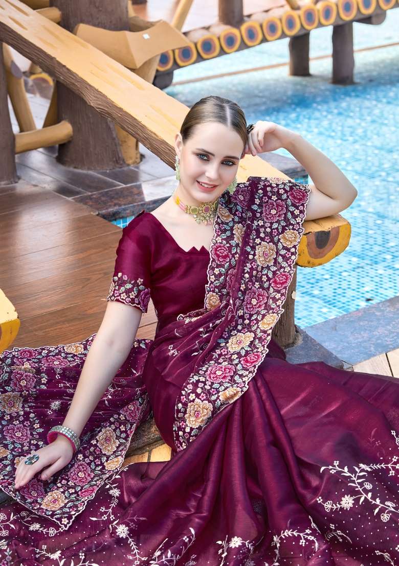 Wine Embrodery Wor Silk Blend Saree Set for Diwali | Wedding & Festive Wear - Indya