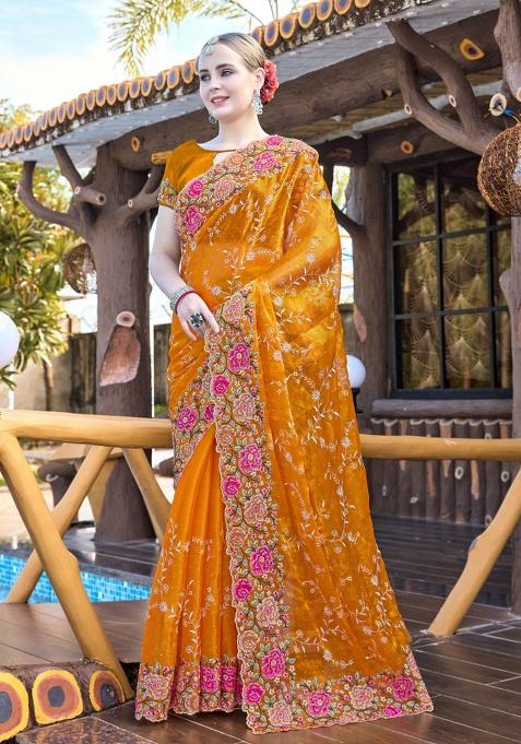 Mustard Embrodery Wor Silk Saree Set