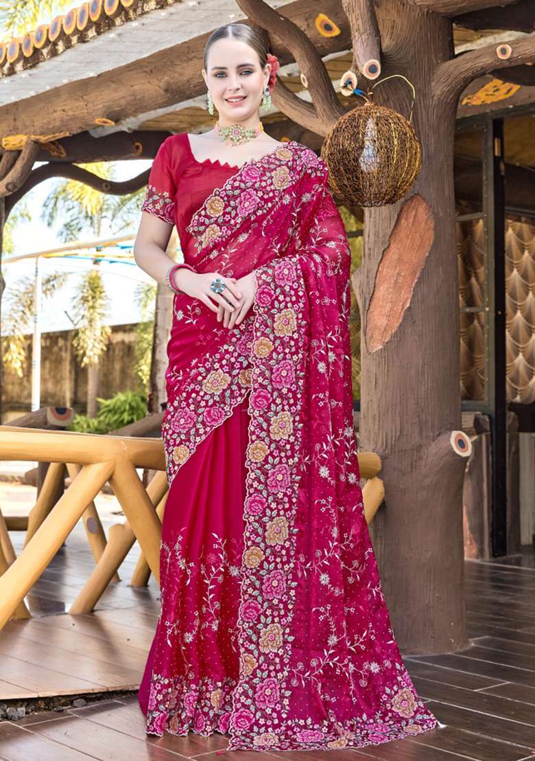 Red Embrodery Wor Silk Blend Saree Set for Diwali | Wedding & Festive Wear - Indya