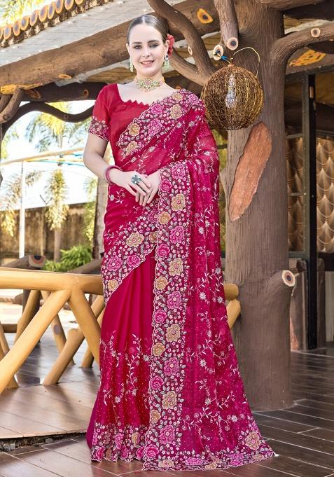Red Embrodery Wor Silk Saree Set