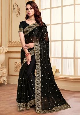 Black Sequence Embroidery Silk Saree Set