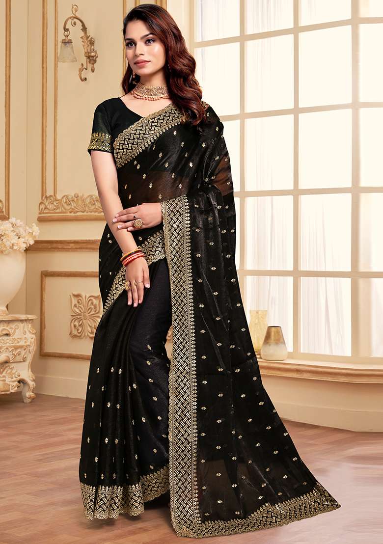 Black Sequence Embroidery Silk Blend Saree Set - Indya