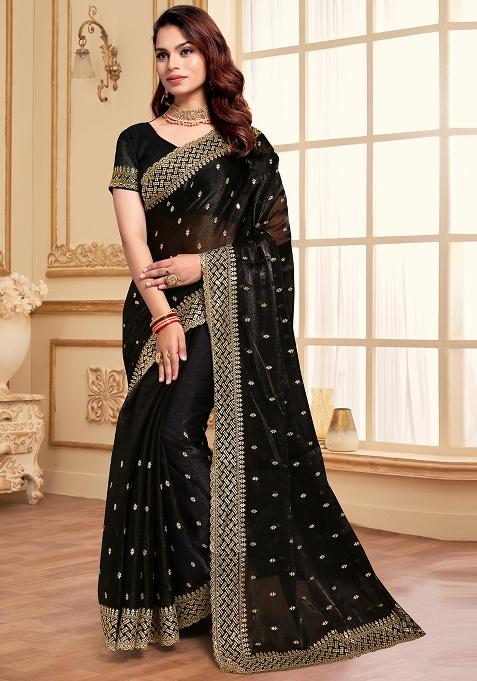 Black Sequence Embroidery Silk Saree Set