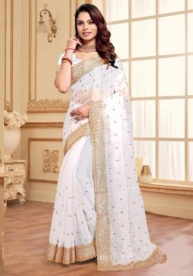 White Sequence Embroidery Silk Saree Set