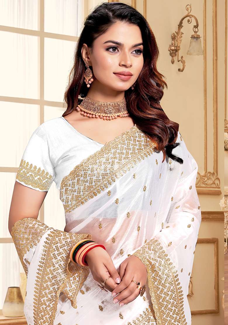 White Sequence Embroidery Silk Blend Saree Set - Indya