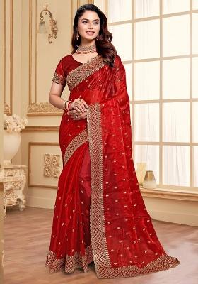 Red Sequence Embroidery Silk Saree Set