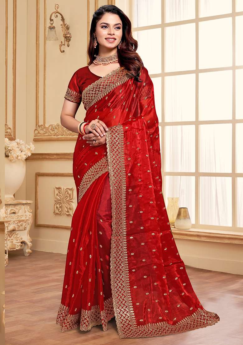Red Sequence Embroidery Silk Blend Saree Set - Indya