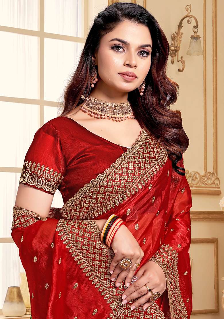 Red Sequence Embroidery Silk Blend Saree Set - Indya