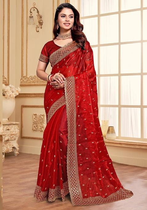Red Sequence Embroidery Silk Saree Set