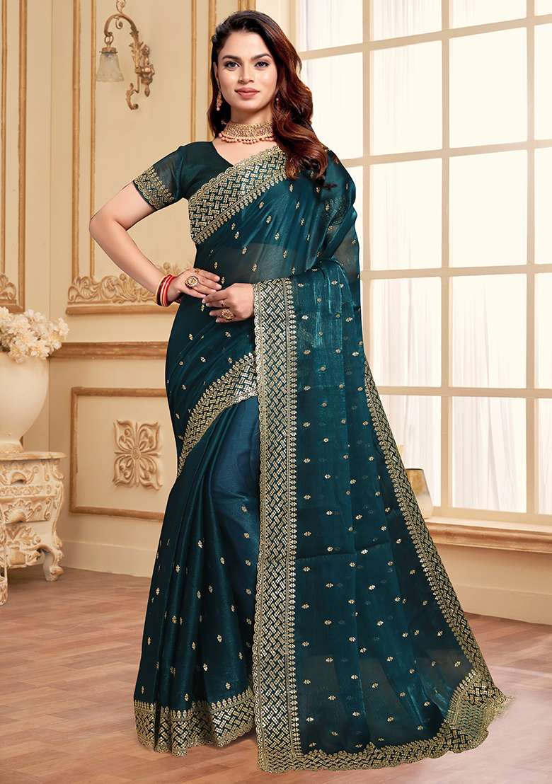 Morpeach Sequence Embroidery Silk Blend Saree Set - Indya