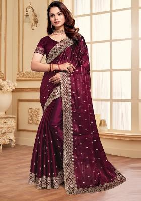 Wine Sequence Embroidery Silk Saree Set
