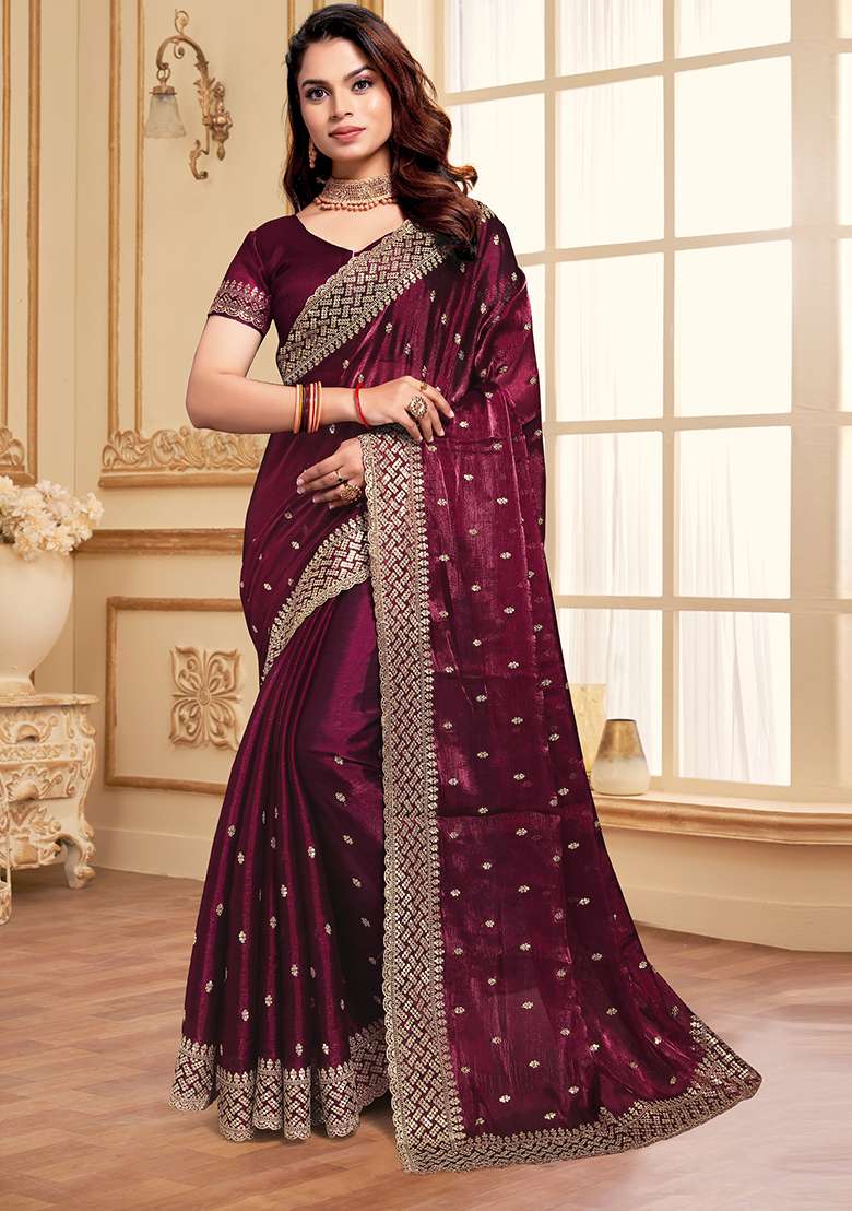 Wine Sequence Embroidery Silk Blend Saree Set - Indya