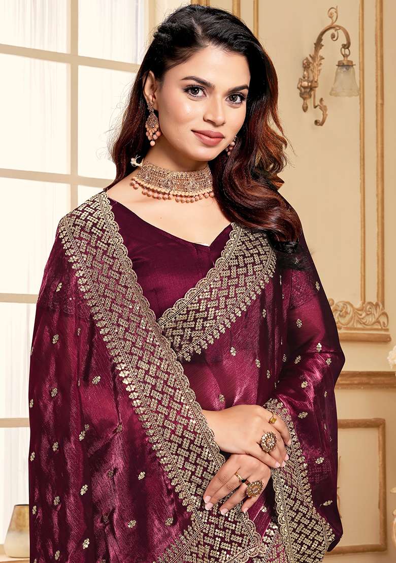 Wine Sequence Embroidery Silk Blend Saree Set - Indya