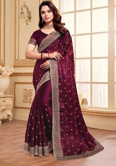Wine Sequence Embroidery Silk Saree Set