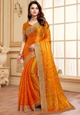 Mustard Sequence Embroidery Silk Saree Set