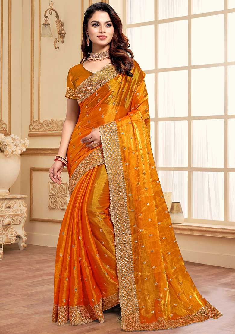 Mustard Sequence Embroidery Silk Blend Saree Set - Indya