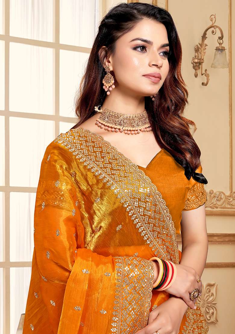Mustard Sequence Embroidery Silk Blend Saree Set - Indya