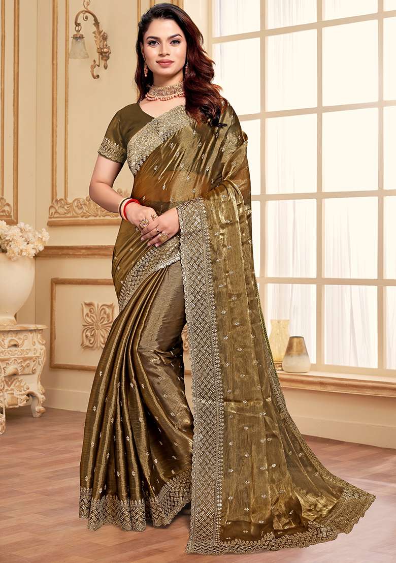 Gold Sequence Embroidery Silk Blend Saree Set - Indya