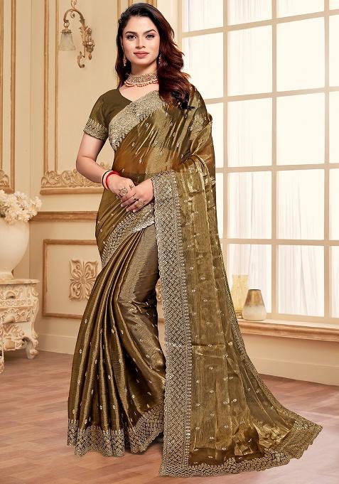 Gold Sequence Embroidery Silk Saree Set