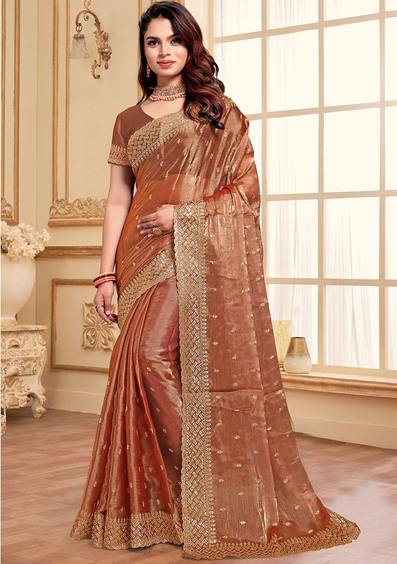 Dusty Peach Sequence Embroidery Silk Blend Saree Set - Indya