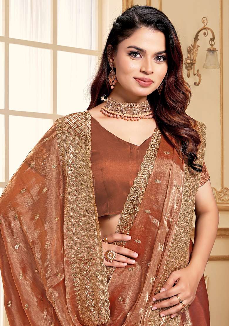 Dusty Peach Sequence Embroidery Silk Blend Saree Set - Indya