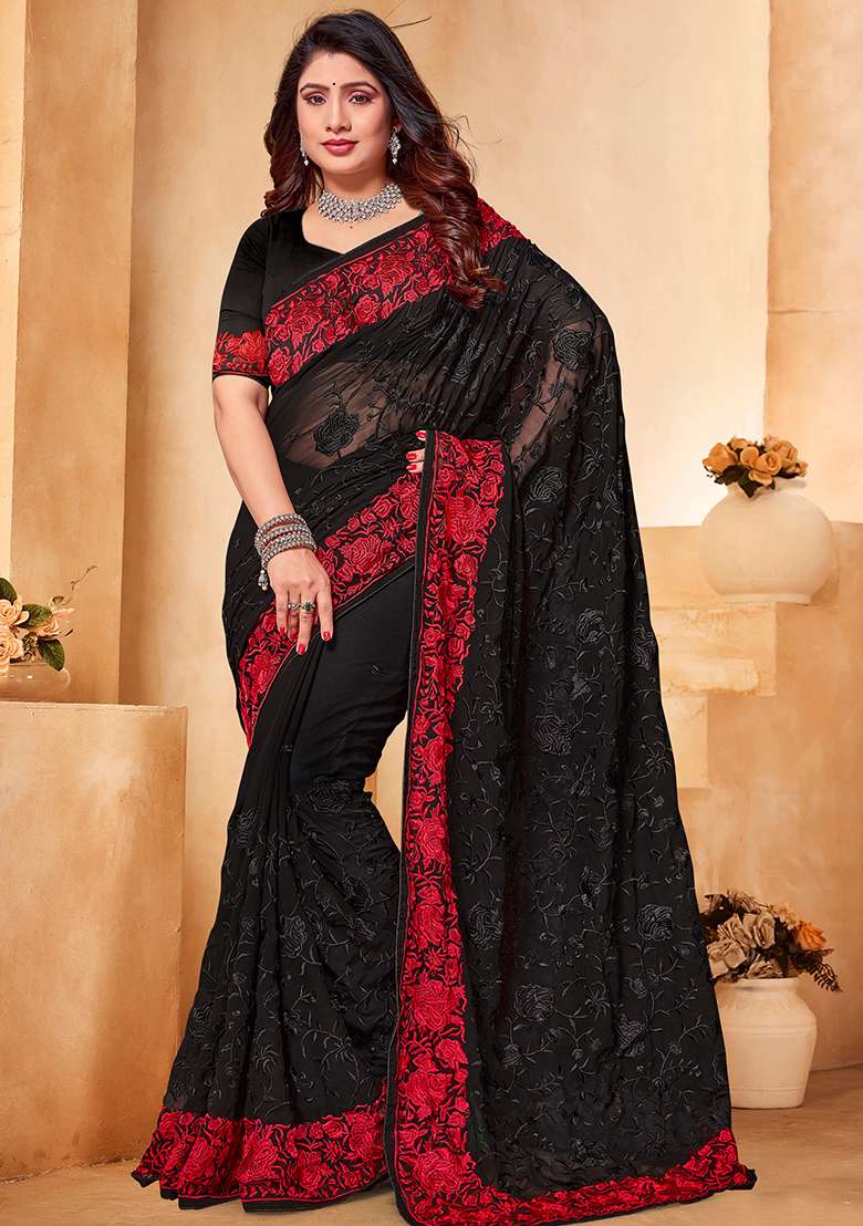 Black And Red Work Georgette Saree Set with Embroidery for Diwali | Wedding & Festive Wear - Indya
