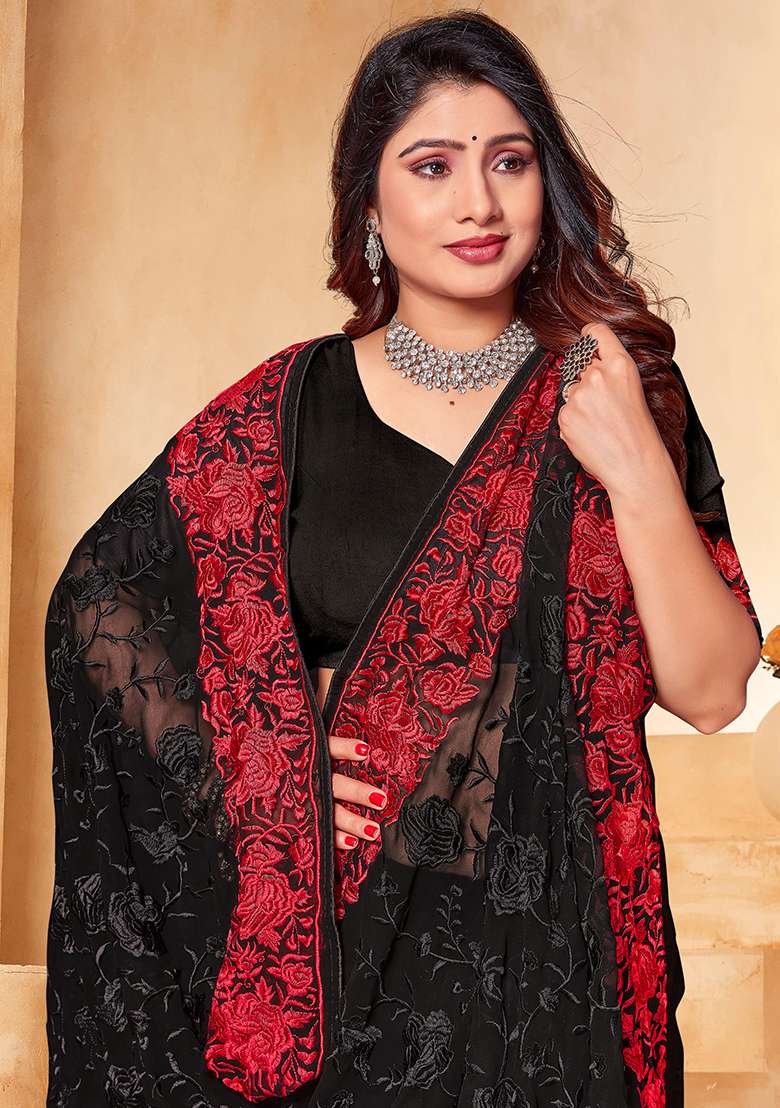 Black And Red Work Georgette Saree Set with Embroidery for Diwali | Wedding & Festive Wear - Indya