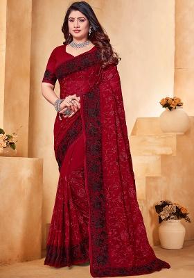 Maroon Embroidery Work Georgette Saree Set