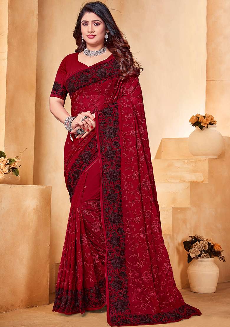 Maroon Work Georgette Saree Set with Embroidery for Diwali | Wedding & Festive Wear - Indya