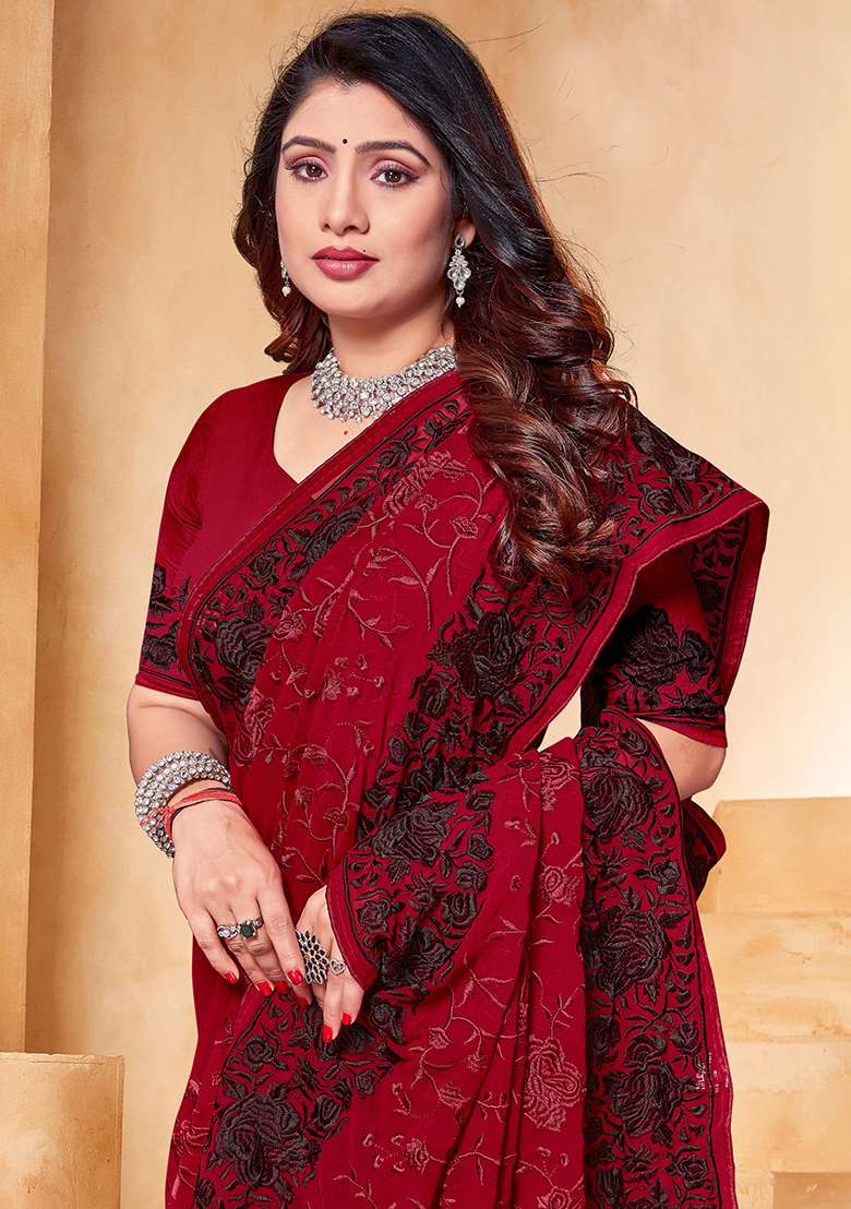 Maroon Work Georgette Saree Set with Embroidery for Diwali | Wedding & Festive Wear - Indya