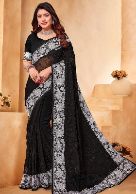 Black And White Embroidery Work Georgette Saree Set