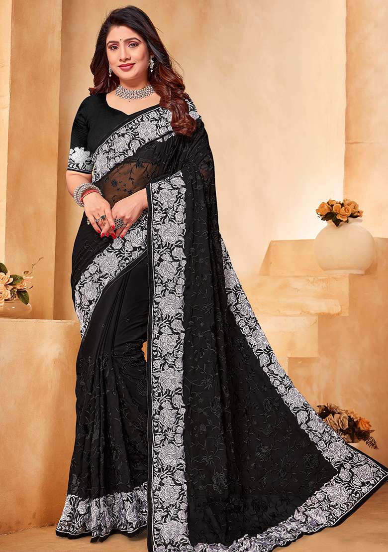 Black And White Work Georgette Saree Set with Embroidery for Diwali | Wedding & Festive Wear - Indya