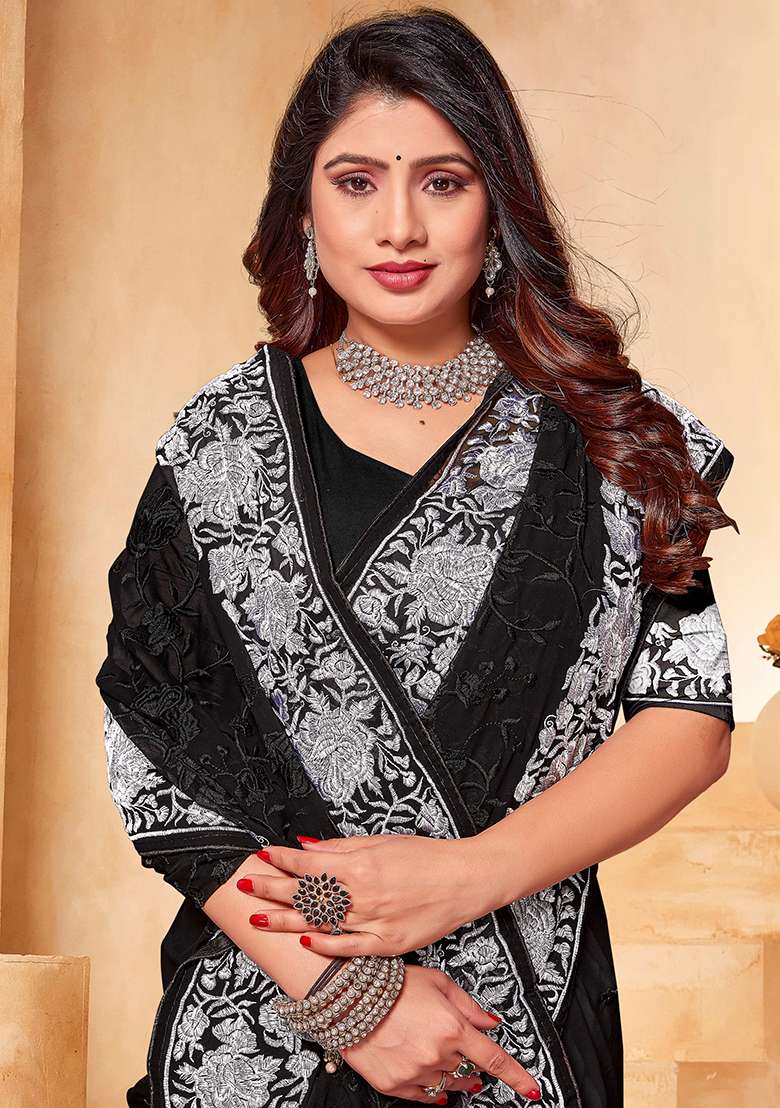 Black And White Work Georgette Saree Set with Embroidery for Diwali | Wedding & Festive Wear - Indya