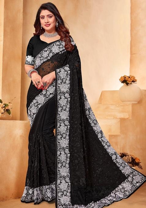Black And White Embroidery Work Georgette Saree Set